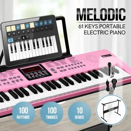 61 Key Electronic Keyboard Pink Standard Portable Piano Music Instrument with Adjustable Stand Microphone