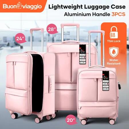 3 Piece Suitcases Travel Luggage Set Lightweight Carry On Trolley Cabin Softside Case Travelling Bags Hand Baggage TSA Lock Expandable Storage Wheels