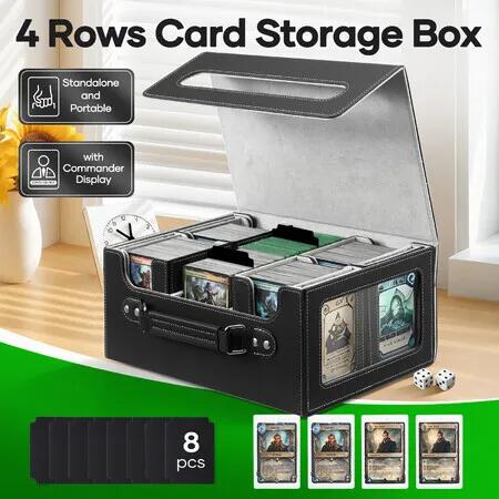 Trading Card Storage Box 4 Rows TCG Game Cards Sports Magic MTG PTCG YuGiOh Commander Deck Case Organiser Top Loaders Holder Dividers Magnetic Leather