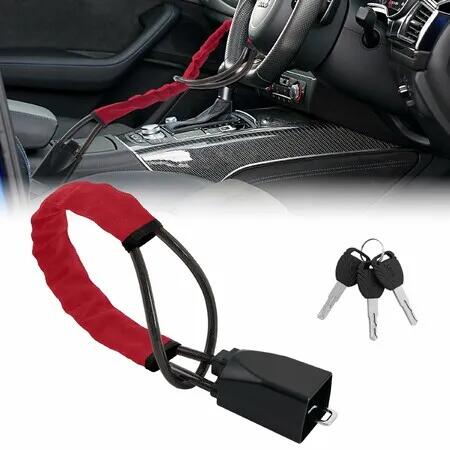 Steering Wheel Lock Seat Belt Lock,Universal Car Anti-Theft Device,Thickened Steel Cable Steering Wheel Lock with 3 Keys,Fits Most Cars,SUVs Trucks(Red)