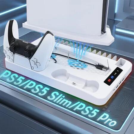 PS5 Stand Dual Controller Charger Vertical Charging Dock Cooling Station for PlayStation 5 Slim Pro Console Game Accessories Kit USB Ports RGB Lights