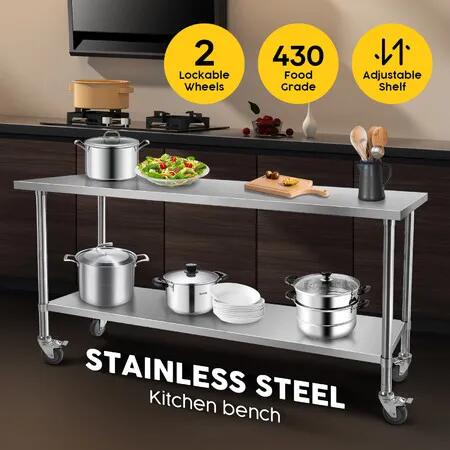 Kitchen Work Bench Stainless Steel Countertop Food Prep Table Island Cart Rolling Trolley with Wheels Benchtop Storage 430 Commercial 182.9x61cm