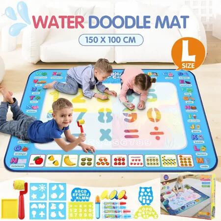 Large Water Doodle Mat Kids Painting Drawing Writing Board Colour Magic Pens Stamps Aqua DIY Craft Canvas Cartoon Rug Carpet Educational Toy 150x100cm