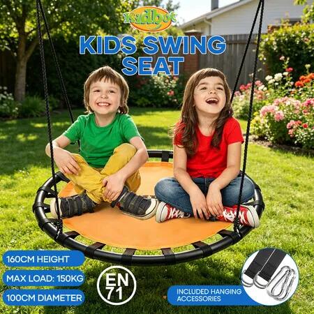 Kidbot 100cm Tree Swing Seat Set Childrens Outdoor Indoor Round Flying Saucer Nest Hanging Chair Camping Garden Disc with Straps & Carabiners 150kg