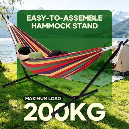 2 Person Double Hammock with Portable Steel Stand, Heavy Duty 200kg Capacity, Outdoor Garden Comfy Striped Swing Bed with Anti-Tip Bars & Carry Bag