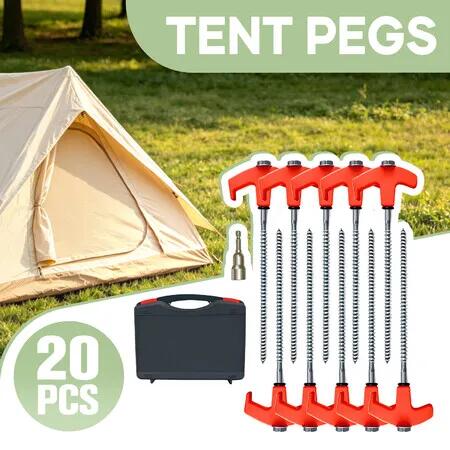 20PC Camping Tent Pegs Heavy Duty Steel Screw In Ground Stakes Outdoor Garden Anchors for Hard Soil Gazebo Caravan Awning Hex Socket Driver Carry Case