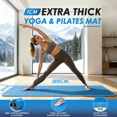 10mm Thick Yoga Mat Pad Nonslip Eco Friendly NBR Exercise Fitness Pilates Trainer Home Travel Gym Workout Floor Stretching Cushion for Adults 185x80cm