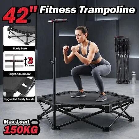42” Foldable Trampoline with Adjustable Handlebar 150kg Mini Bungee Rebounder Jumping Rebounding Exercise Home Gym Cardio Workout Fitness Equipment