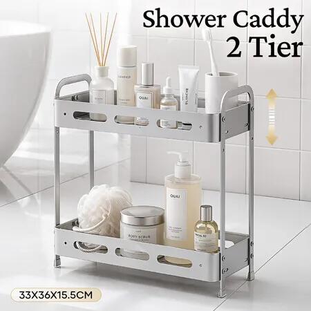 2 Tier Bathroom Storage Shelf Organiser Shower Caddy Space Saving Shelving Unit Rack Laundry Kitchen Pantry Stand Rustproof Aluminium 33x15.5x36cm