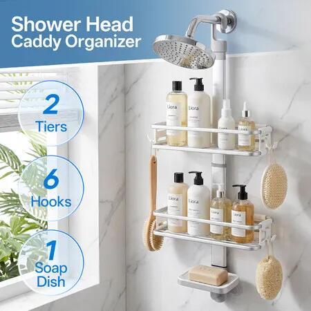 Adjustable Hanging Shower Caddy Bathroom Storage Shelf Soap Holder Over Showerhead Organiser Rack Hooks Rustproof Aluminium for Shampoo Razor Sponge