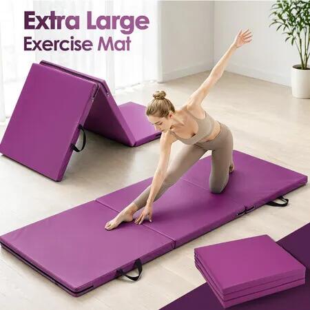 Folding Gym Mat 180x60x5cm Tri-Fold Exercise Yoga Pilates Pad Portable Aerobic Fitness Gymnastics Tumbling Balance Floor Stretching Workout w/ Handles