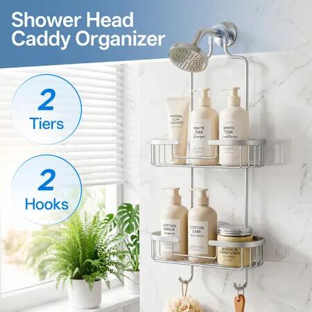 2 Tier Bathroom Shower Caddy Hanging Shelf Storage Holder Inside Over Showerhead Rack Organiser with Hooks Rustproof Aluminium for Shampoo Soap Razor