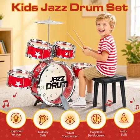 Kids Drum Kit Musical Instrument Toy Red Play Set with Stool Drumsticks Percussion Beginner Learning Educational Preschool Gift for Children Toddlers