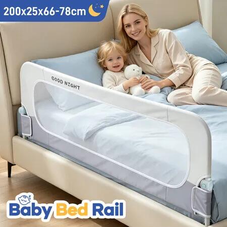 Bed Rail for Toddlers 200cm Safety Guard Kids Bedrail Swing Down Child Railing Protector Fall Prevention Mesh Side Barrier Height Adjustable Breathable