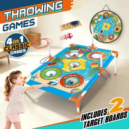 3-in-1 Bean Bag Toss Game Play Set Portable Outdoor Garden Toy Ring Sticky Balls Target Board Folding Indoor Family Party Sports with Flying Disc