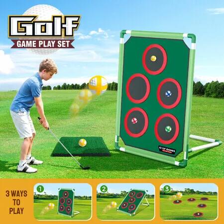 Golf Chipping Game Play Set Outdoor Garden Backyard Target with 20 Sticky Balls Adjustable Club Practice Mat Portable Indoor Family Sports Toy