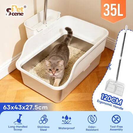 Stainless Steel Cat Litter Box 35L Large High Sided Metal Kitty Potty Pan Tray Kitten Indoor Pet Toilet Training Furniture 120cm Long Handle Scoop