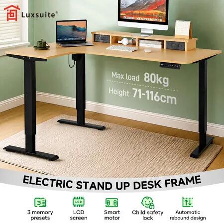 Electric Stand Up Desk Frame Sit and Standup Table Base Legs Heavy Duty Rising Standing Underframe Height Adjustable L Shaped Smart Motor Carbon Steel
