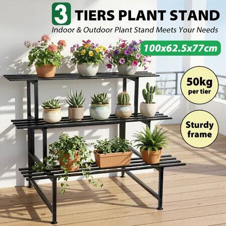 3 Tier Plant Stand Black Metal Flower Shelf Pot Holder Corner Garden Garage Storage Planter Display Rack Organiser Outdoor Indoor Large Shelving Unit