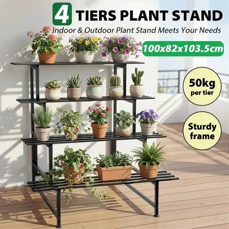 4 Tier Metal Plant Stand Planter Flower Pot Holder Corner Rack Outdoor Indoor Garden Home Storage Shelf Display Unit Organiser Large Shelving Black