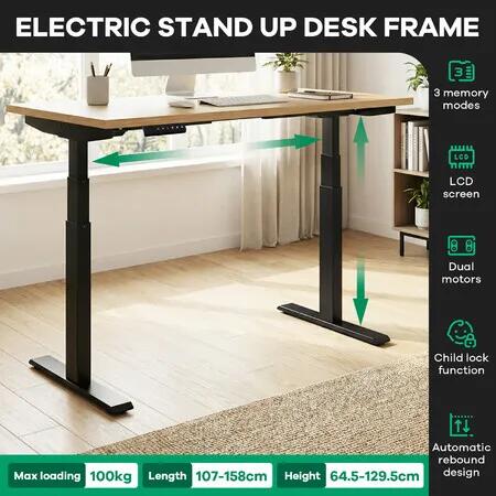 Stand Up Desk Frame Electric Sit and Standup Table Base Legs Heavy Duty Adjustable Rising Motorised Standing Underframe Dual Motor Carbon Steel Blac