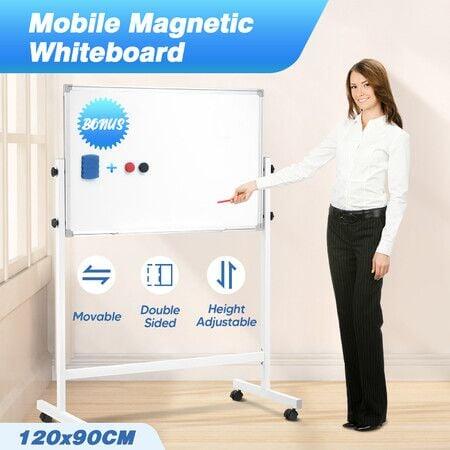 Double Sided Magnetic Whiteboard Interactive Mobile White Board Dry Erase Stand Castors Adjustable Height 120x90cm for Office Classroom Home Teaching