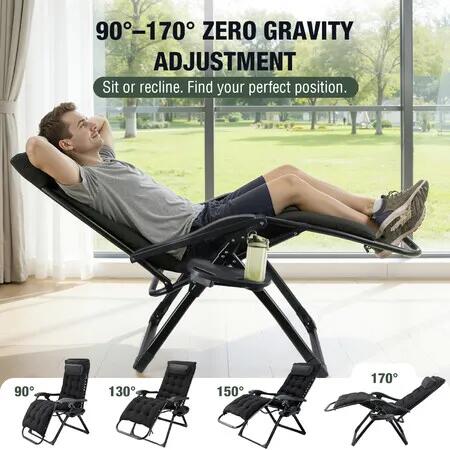 Zero Gravity Recliner Chair with Padded Cushion Headrest Outdoor Patio Sun Lounge Adjustable Reclining Foldable Portable Camping Lounger Furniture