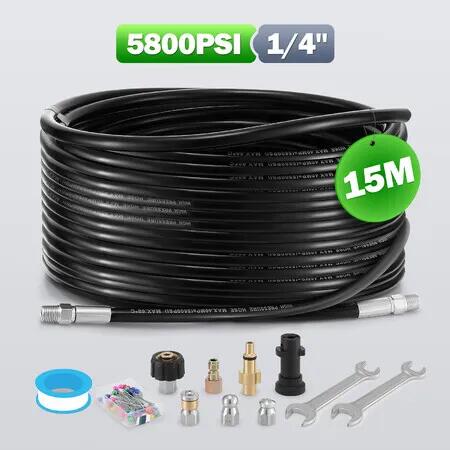 15m Sewer Jetter Kit for High Pressure Washer Blaster Drain Cleaner Hose 5800PSI 1/4 Inch NPT Corner Jetting Cleaning Pipe Button Nose Rotating Nozzle
