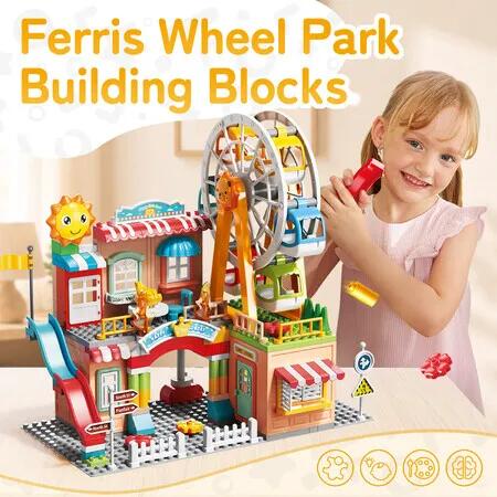 194PCS Ferris Wheel Park Building Blocks Set Toddlers Construction Bricks Model with Slide Figure Stickers STEM Educational Learning Toy Gift for Kids