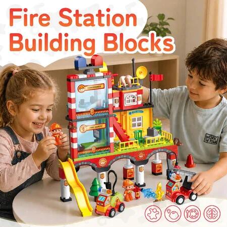 Fire Station Building Blocks Toy Set 173PCS Bricks Pretend Rescue Play Figures Engine Truck Construction Playset Preschool Kids STEM Educational Gift