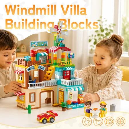 Windmill Villa Building Blocks Set 275PCS Kids STEM Construction Vehicle Playset Educational Learning Toys Bricks for Preschool Toddlers Birthday Gift
