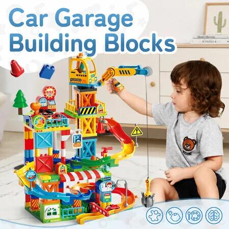 191PCS Building Blocks Playset STEM Car Garage Multi-Storey Parking Track Bricks Construction Crane Gas Station Educational Play Toys for Toddlers 3+