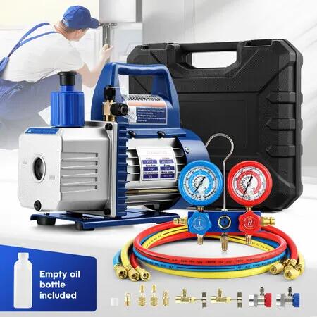 4CFM Vacuum Pump Set 1/3HP 1 Stage Air Conditioning HVAC Refrigeration AC Car Auto Repair Tools Food Clothes Packaging R134A R410 Manifold Gauges