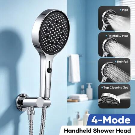 Handheld Shower Head 130mm Round High Pressure Rainfall 4 Modes 1.5m Hose Wall Holder Water Saving 4 Star 7.5LPM WELS Rated Chrome Bathroom Cleaning