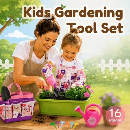 16 Piece Kids Gardening Tool Set with Watering Can Apron Storage Bag Childrens Garden Tools Toy Kit for Beach Sandbox Play Educational Outdoor Gift