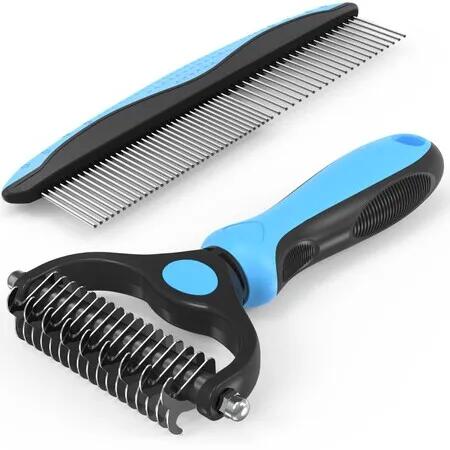 Pet Grooming Combo Deshedding Brush with Metal Comb for Detangling and Dematting Long, Matted Fur on Cats and Dogs