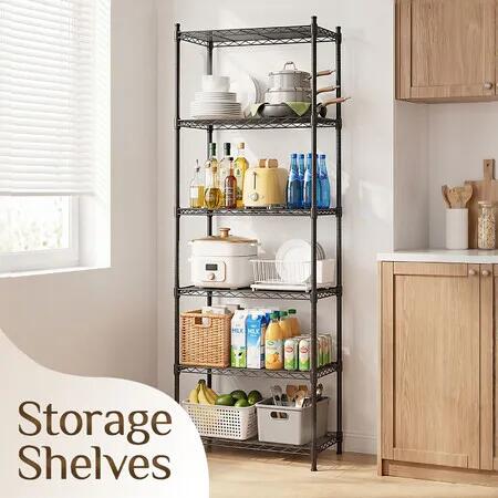 6 Tier Storage Shelf Metal Wire Rack Shelving Unit with Wheels Adjustable Shelves Levelling Feet Mobile Freestanding Kitchen Pantry Garage Organiser