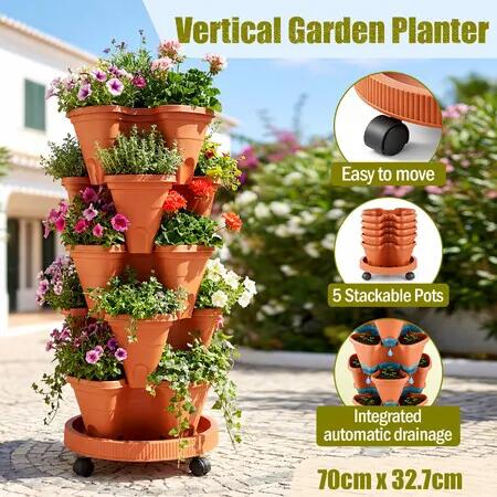 Vertical Planter Tower with Wheels 5 Tier Stackable Strawberry Herb Vegetable Flower Pots Indoor Outdoor Rolling Raised Garden Bed Self Drainage System