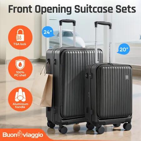 2 Piece Luggage Set Expandable Carry On Suitcases Checked Travel Cabin Bags Front Open Lightweight Hard Shell Case Rolling Trolley 100% PC TSA Lock