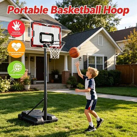 1.3-2.4m Portable Kids Adjustable Basketball Hoop Fillable Base Goal Stand Backboard Sports Ball Pump Indoor Outdoor Backyard Garden Training Game Set