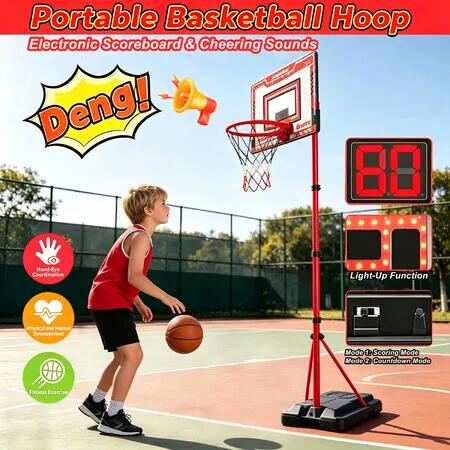 1.2-1.89m Portable Kids Basketball Hoop Stand Height Adjustable Goal Electronic Scoreboard Lights Sounds Indoor Outdoor Sports Training Game Set Gift