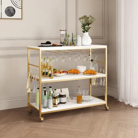 Kitchen Island Trolley Portable Bar Cart Wine Rack Drinks Glass Bottle Holder Shelf Storage Organizer Coffee Tea Liquor Serving Utility Stand on Wheels