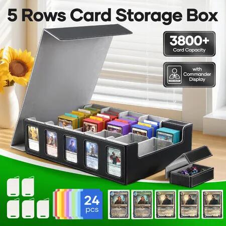 Card Storage Box 3800+ Magic MTG Commander Trading Cards TCG PTCG Game Sports YuGiOh Deck Case Display 24 Dividers 5 Rows Organiser Magnetic Leather