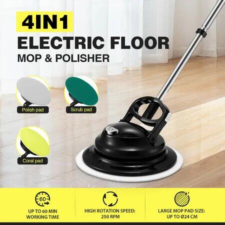 Floor Spin Mop Cleaner 4In1 Electric Cordless Spinning Scrubber Polisher Sweeper Waxer Washer Cleaning Machine Washing Pads for Hard Wood Tile Marble