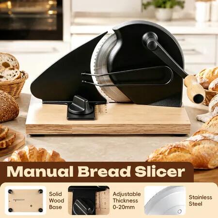 Manual Bread Slicer with Adjustable Thickness Hand Crank Homemade Sourdough Toast Loaf Cutter Guide Scale Line Solid Wood Base Stainless Steel Blade