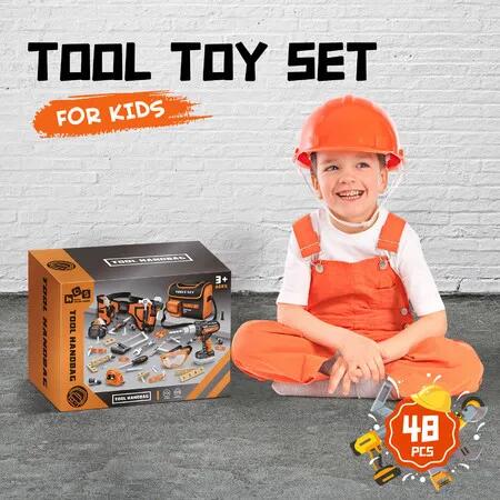 Kids 48pcs Tool Set Childrens Plastic Construction Toys Building Repair Toolkit Pretend Role Learning Educational Playset with Storage Bag