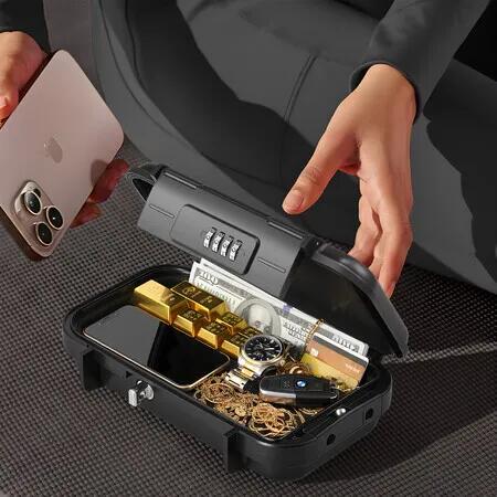 Portable Safe Lock Box Combination Security Case Small Personal Travel Beach Deposit Money Jewelry Lockbox 4 Digit Code Waterproof Anti Theft Black