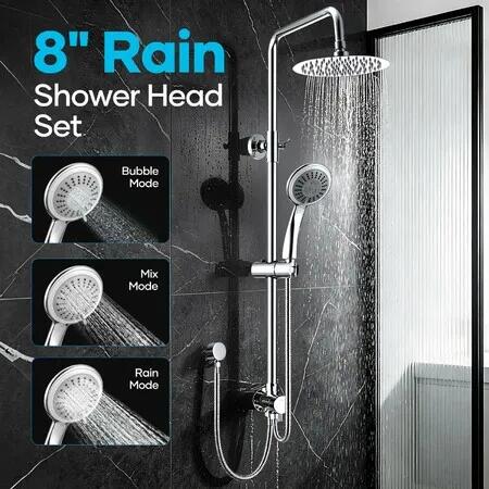 WELS Dual Rain Shower Head Set Chrome Round High Pressure Rainfall Overhead Showerhead 3 Mode Handheld Spray Adjustable Rail Separate Water Inlet