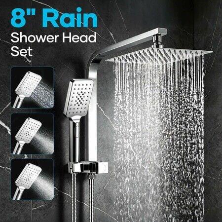 WELS Dual Shower Head Set 8” Square Chrome High Pressure Rainfall Overhead Showerhead 3 Mode Handheld Power Rain Spray Holder Hose Hotel Bathroom