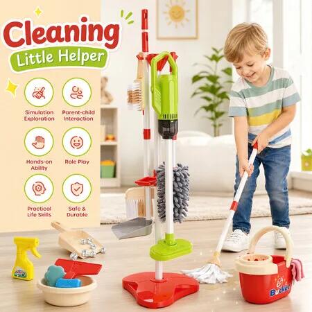 30PCS Kids Toys Cleaning Set with Battery Powered Vacuum Cleaner Broom Mop Dustpan Accessories Pretend Role Play Preschool Education Learning Activity